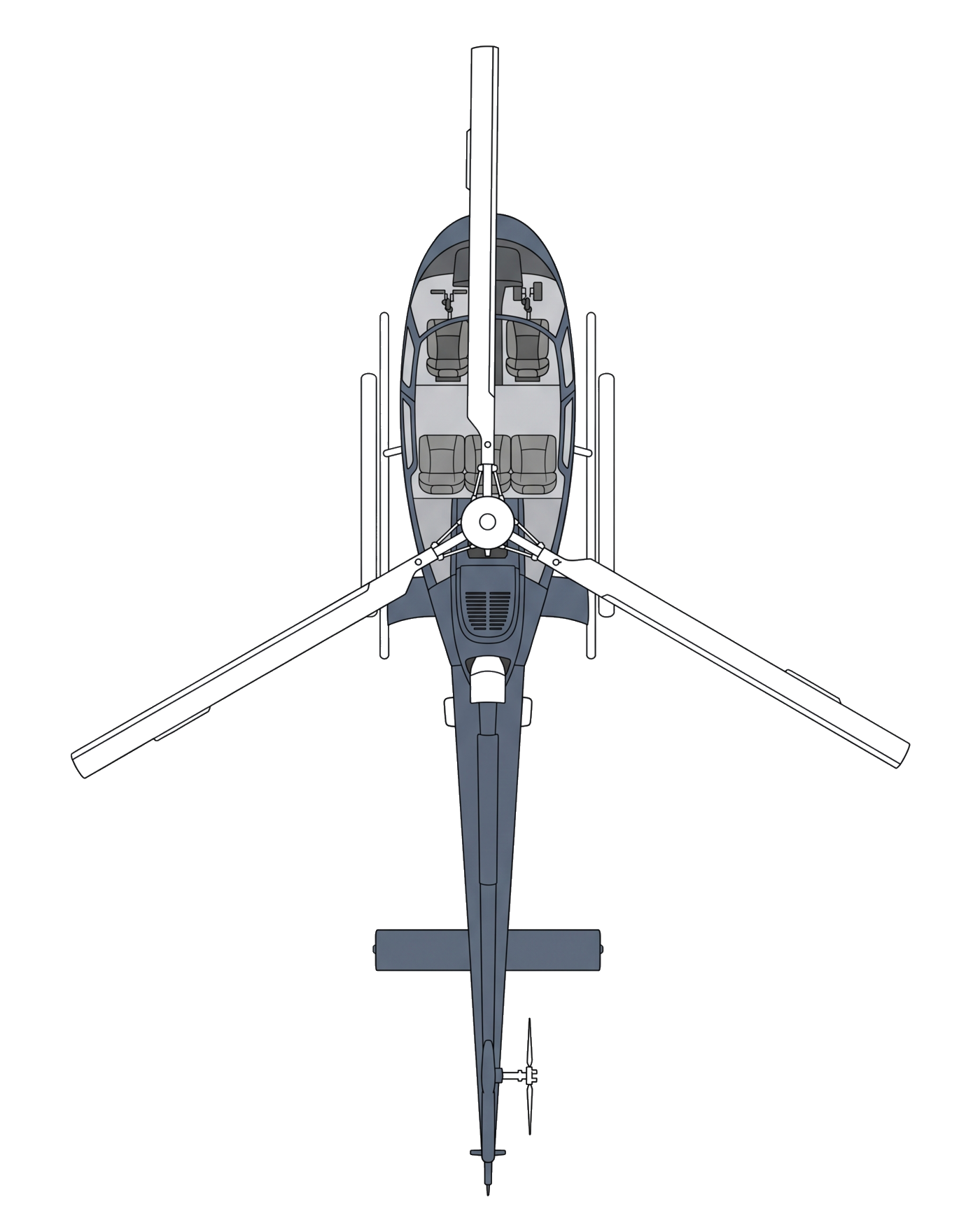 Cabin plan of the A-Star: two forward seats, one of them the pilot's, and a three-across rear bench — four guests.